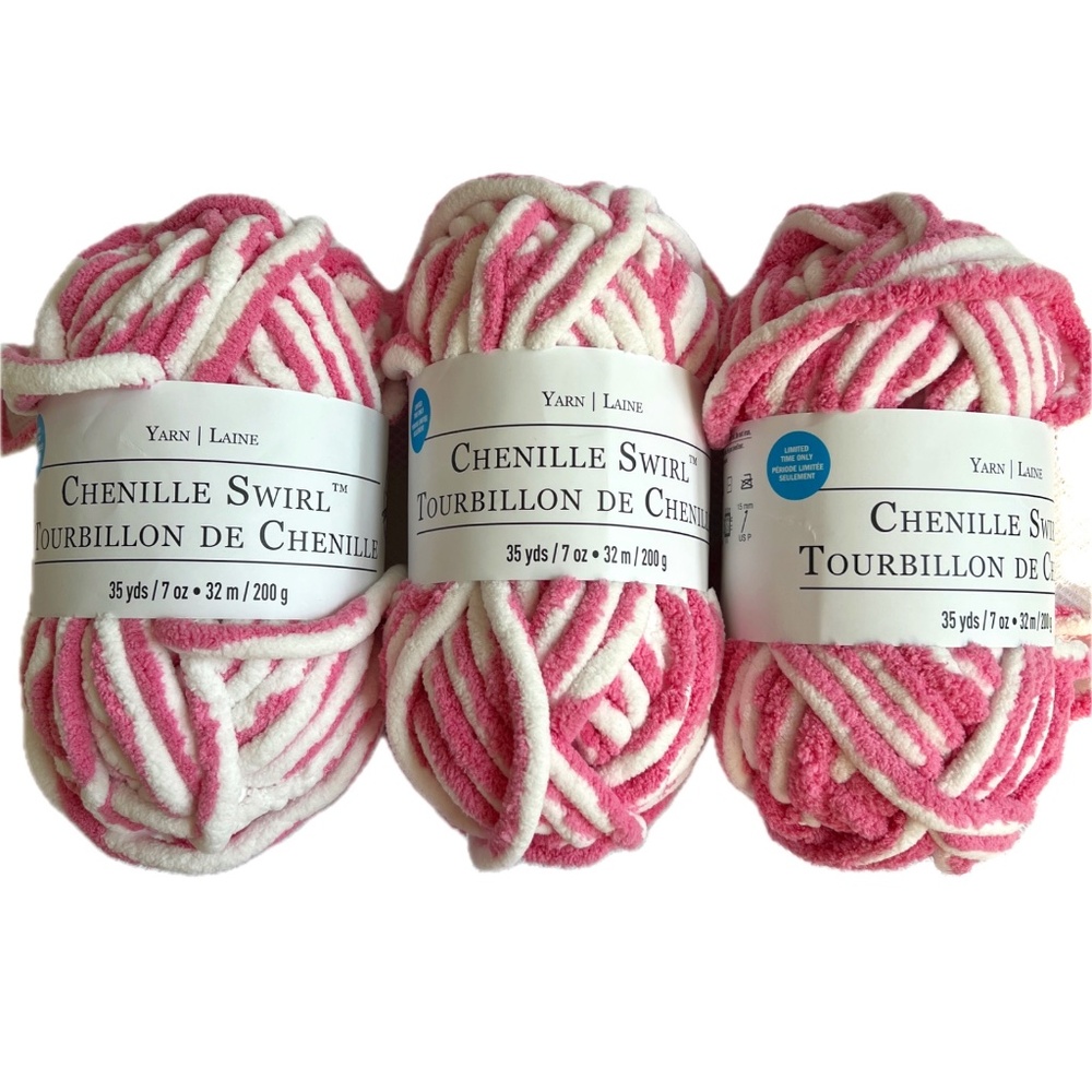 Chenille Swirl Yarn Loops & Threads Bright Pink & White 35 yds ea 200 g NEW